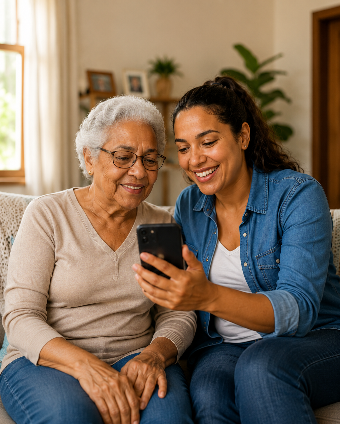 Mulher auxiliando uma senhora durante atendimento digital pelo celular